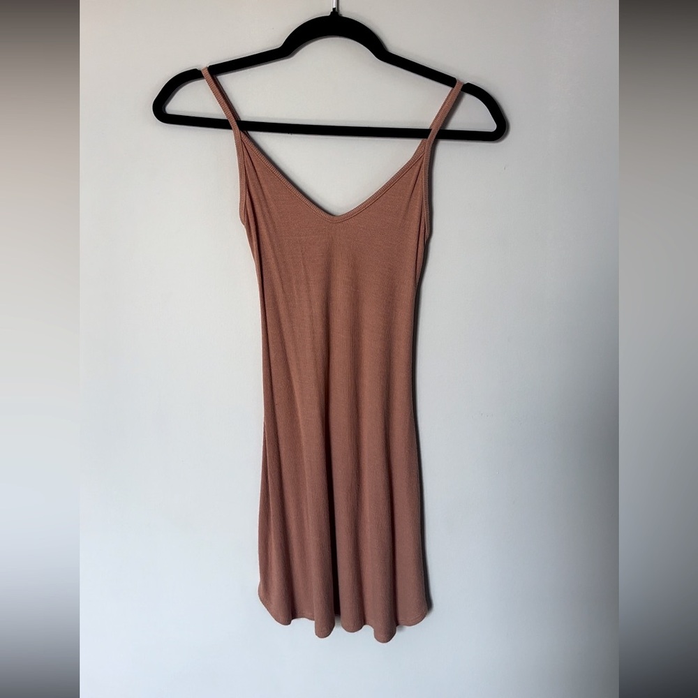 XS/S Joah Brown Mini Dress With a U - Neckline and Skinny Straps.